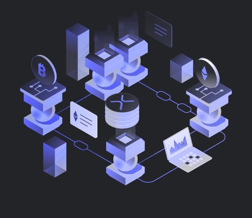 An illustration: Bitcoin, Ethereum and XRP coins on connected blocks, with a laptop showing a chart.