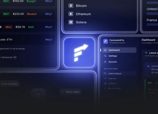 An illustration of the ForecastsPro app with demo data: the logo tile in the middle, decision rows marked Bought, Blocked and Sold, each with a Why? link, the coins Bitcoin, Ethereum and Solana, and the app's menu.